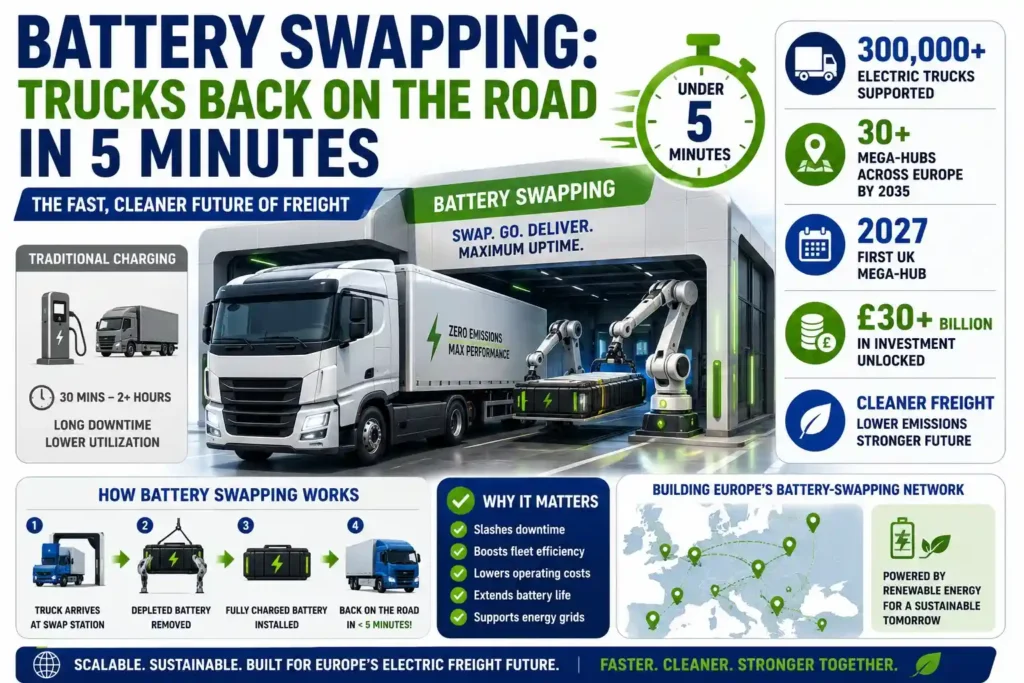 Infographic showing battery swapping technology for electric trucks across Europe.