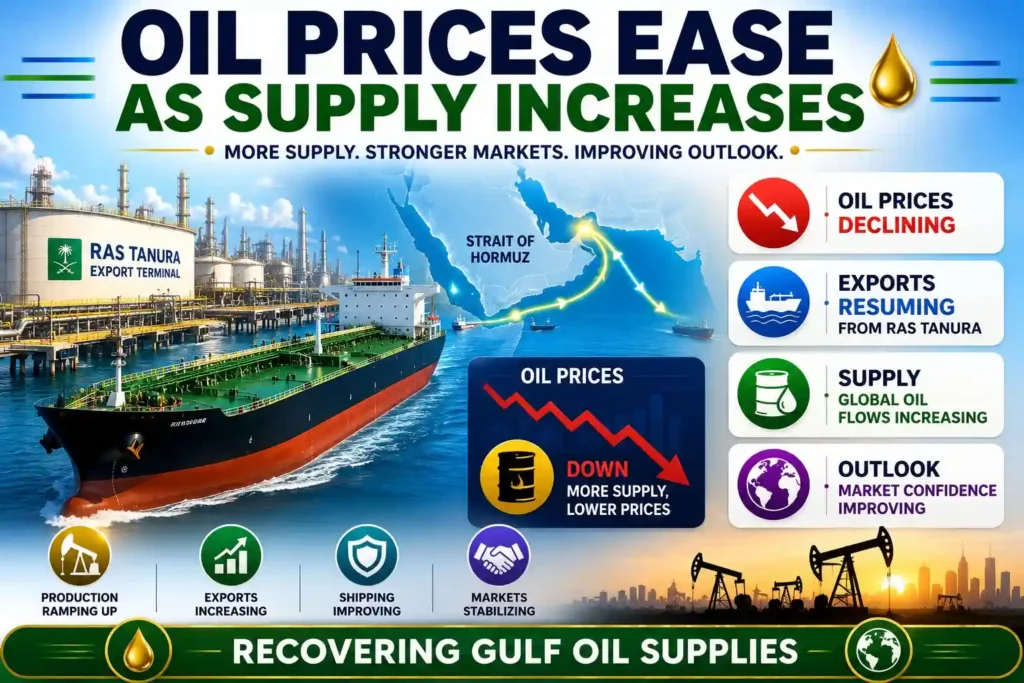 Infographic showing oil prices easing as crude exports resume and global supply increases.