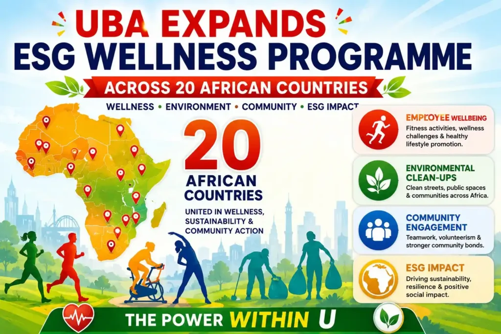 Infographic showing UBA employees leading environmental clean-up campaigns across 20 African countries to support sustainability.