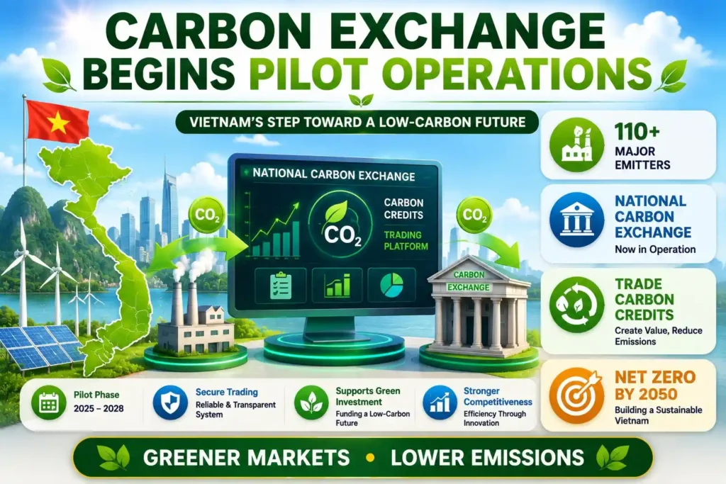 Infographic showing Vietnam's pilot carbon exchange launching to support emissions trading and net-zero goals.