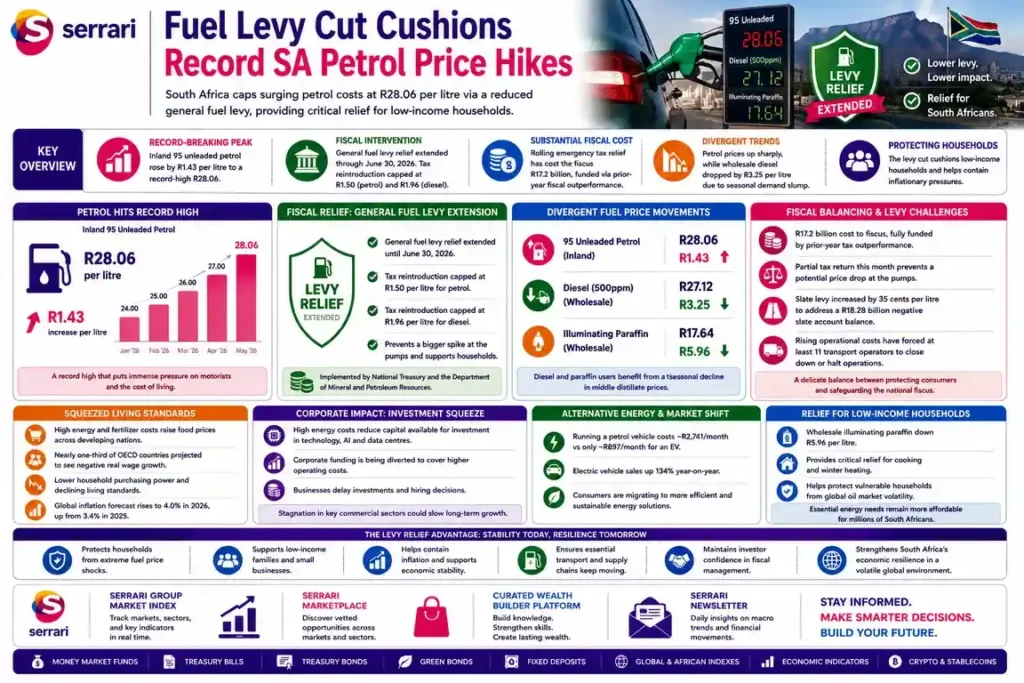 Infographic showing South Africa’s fuel levy reduction cushioning record petrol price increases, highlighting energy costs, inflation pressure, and consumer relief impact.
