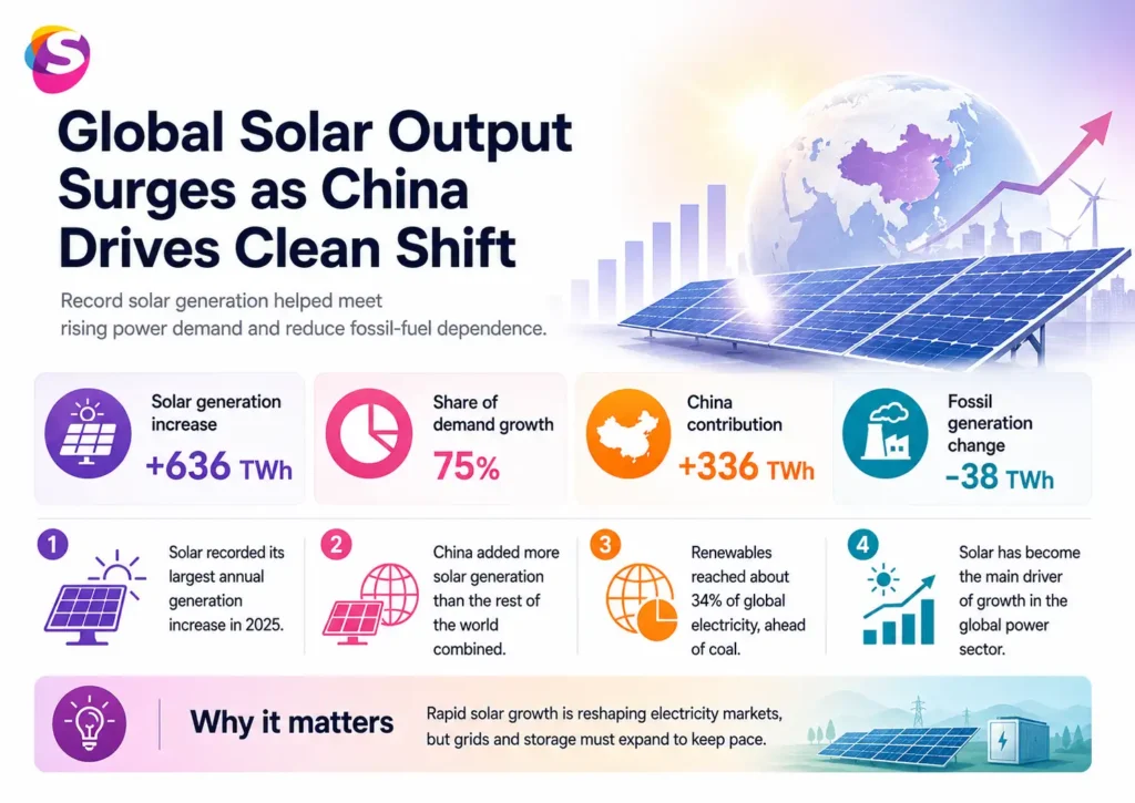 Infographic showing global solar output growth led by China, highlighting renewable capacity expansion, energy transition trends, and clean power adoption