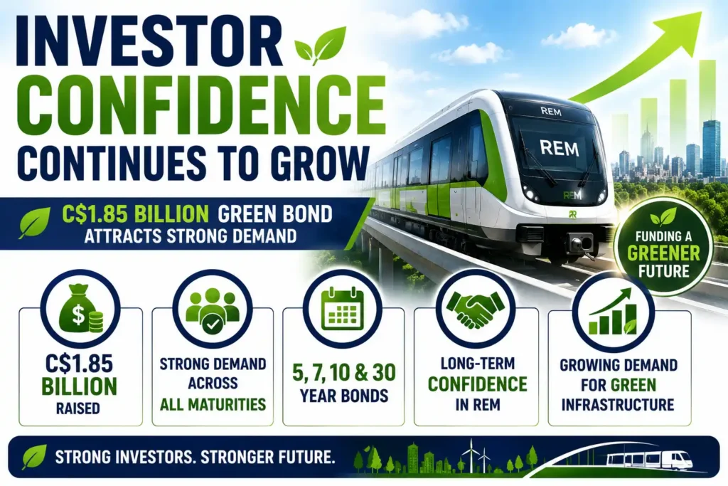 Infographic showing strong investor demand for REM’s C$1.85 billion green bond and growing confidence in sustainable transit investments.