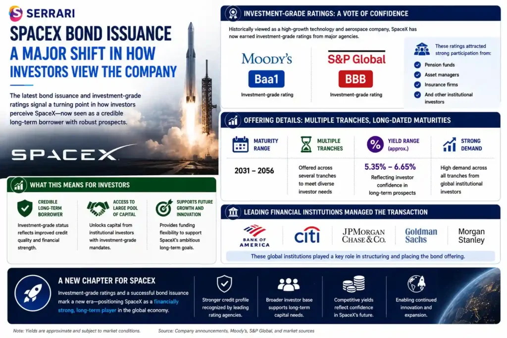 SpaceX’s successful bond issuance and its emergence as an investment-grade corporate borrower. The infographic shows Moody’s assigning a Baa1 rating and S&P Global assigning a BBB rating, placing SpaceX within the investment-grade category and signaling strong institutional confidence in the company’s long-term prospects. It details the bond offering’s multiple tranches with maturities ranging from 2031 to 2056 and yields between approximately 5.35% and 6.65%. The infographic also emphasizes participation from major institutional investors, including pension funds, asset managers, and insurance companies, and notes the involvement of leading financial institutions such as Bank of America, Citigroup, JPMorgan Chase, Goldman Sachs, and Morgan Stanley in managing the transaction. The overall message illustrates how SpaceX has evolved from a high-growth aerospace company into a credible long-term borrower with broad access to institutional capital markets. 