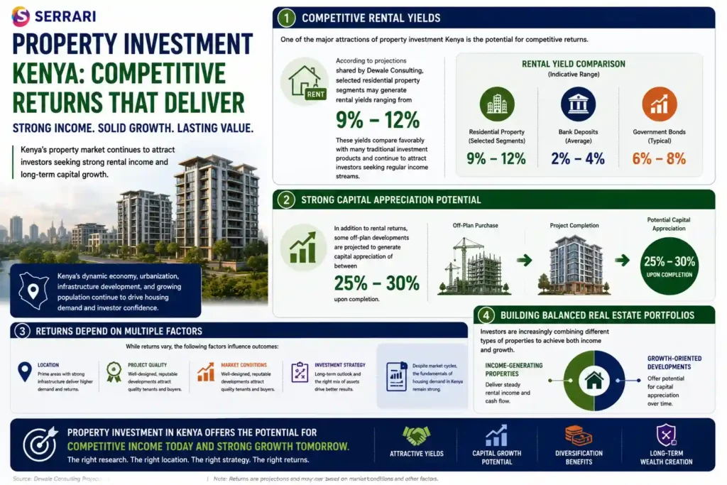 The investment potential of Kenya’s real estate market through a combination of rental income and capital growth opportunities. The infographic shows projected residential rental yields of 9% to 12% in selected property segments and compares these returns with traditional investment options. It also illustrates how certain off-plan developments are expected to generate capital appreciation of between 25% and 30% upon completion. The infographic explains the factors influencing property returns, including location, project quality, market conditions, and investment strategy, while emphasizing the growing trend of combining income-generating properties with growth-oriented developments to build balanced real estate portfolios. The overall message underscores why investor interest in Kenya’s property market remains strong amid rising demand for both regular income and long-term wealth creation. 