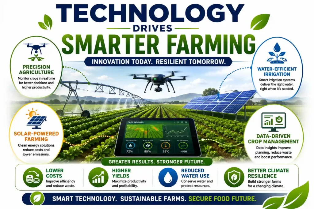 Infographic showing climate-smart farming technologies improving agricultural efficiency.