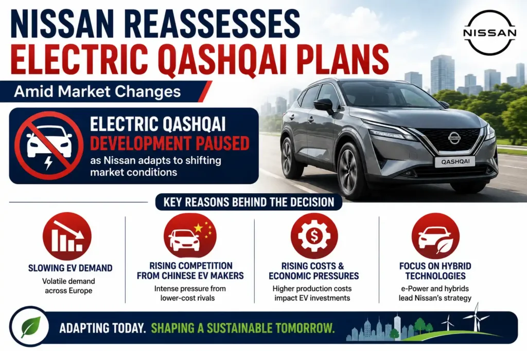 Infographic showing Nissan pausing the electric Qashqai due to changing EV demand and market conditions in Europe.
