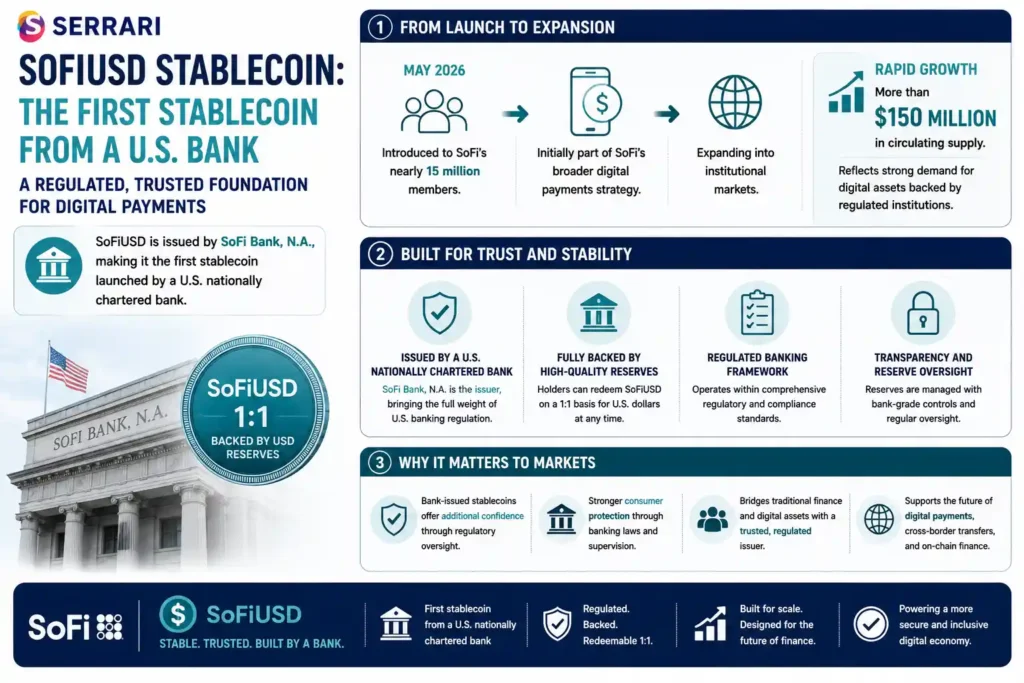 SoFiUSD, the first stablecoin issued by a U.S. nationally chartered bank. The infographic explains that SoFiUSD was launched by SoFi Bank, N.A. in May 2026 and introduced to nearly 15 million members before expanding into institutional markets. It emphasizes that the stablecoin operates within a regulated banking framework, is fully backed by reserves, and can be redeemed on a one-to-one basis for U.S. dollars. The infographic also highlights its rapid growth to more than $150 million in circulating supply and illustrates how bank-issued stablecoins provide greater confidence through regulatory oversight, transparent reserve management, and enhanced trust for digital payments and institutional adoption. 
