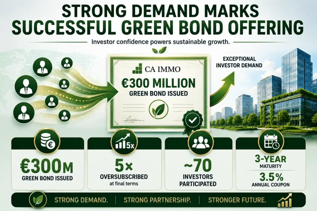 Infographic highlighting CA Immo’s €300 million green bond issuance, five-times oversubscribed with strong investor demand. 