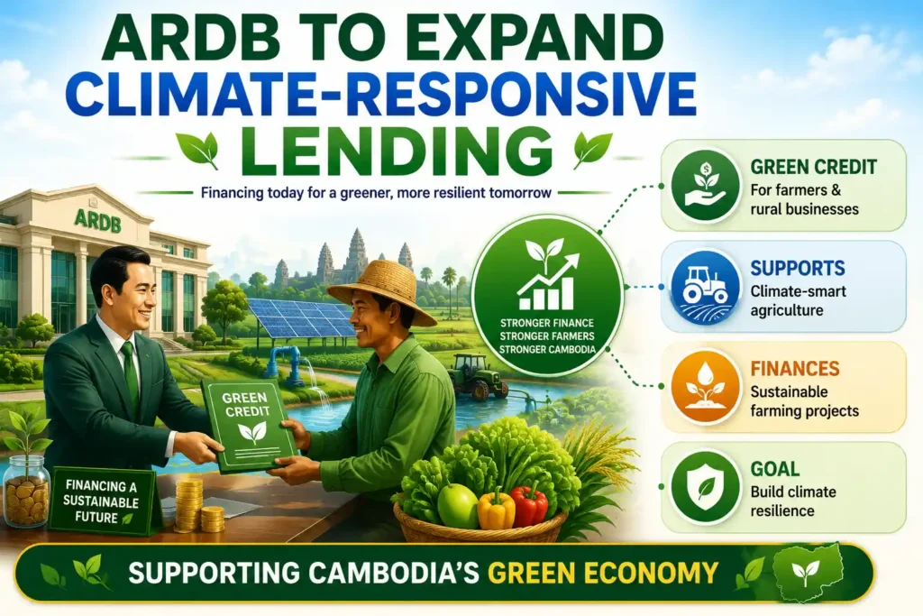 Infographic showing ARDB expanding climate-responsive lending to support sustainable farming and climate resilience in Cambodia.