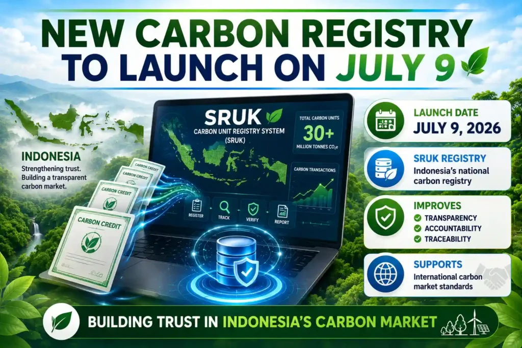 Infographic highlighting Indonesia's new SRUK carbon registry, designed to improve transparency, accountability, and trust in the country's carbon market.