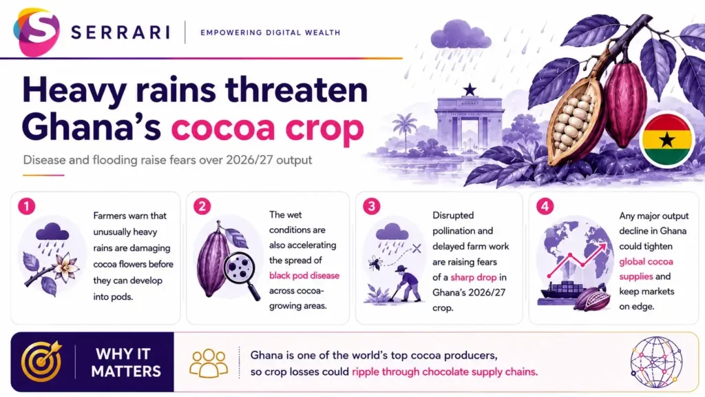 Infographic showing the risks facing Ghana’s cocoa harvest, including heavy rains, crop disease, production outlook, global cocoa prices, and potential economic impact