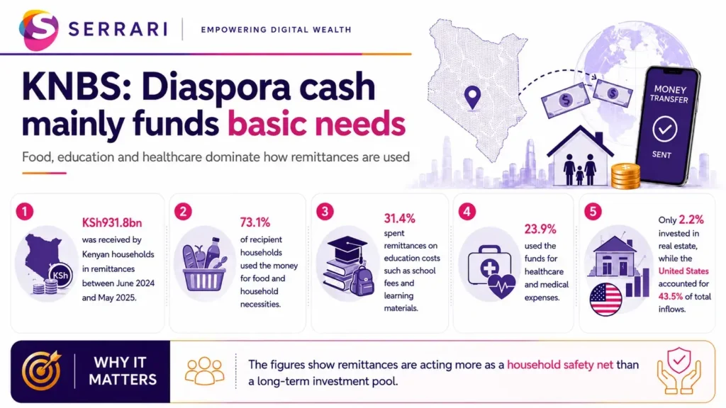 Infographic showing how diaspora remittances support Kenyan households, highlighting spending on food, education, healthcare, housing, savings, and the wider economy