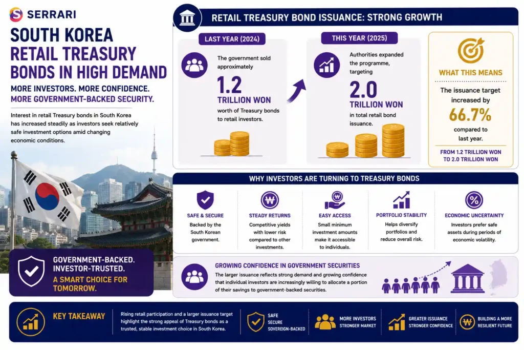 SERRARI infographic highlighting the growing demand for retail Treasury bonds in South Korea as investors increasingly seek safe, government-backed investment opportunities. The infographic compares retail Treasury bond sales of approximately 1.2 trillion won last year with the government’s expanded issuance target of 2 trillion won for the current year, illustrating a significant increase in supply. It explains that the larger programme reflects rising investor confidence and growing participation by individual savers in the government bond market. The infographic also emphasizes how changing economic conditions are encouraging retail investors to allocate more of their savings to low-risk fixed-income securities that offer stability and capital preservation.