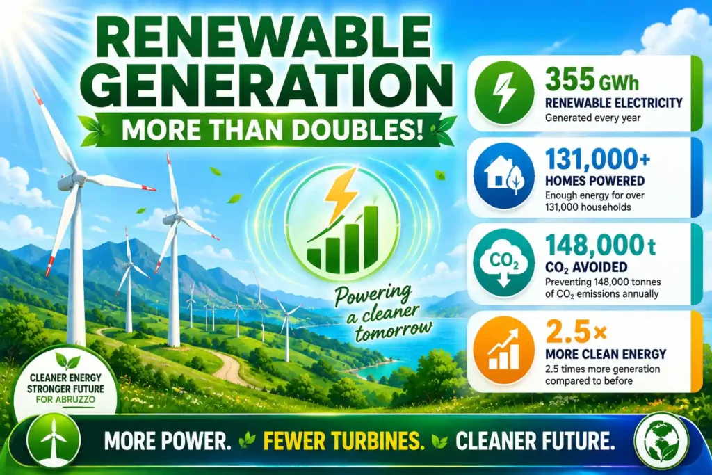 Infographic showing Edison's repowered wind farms generating more renewable electricity across Abruzzo.
