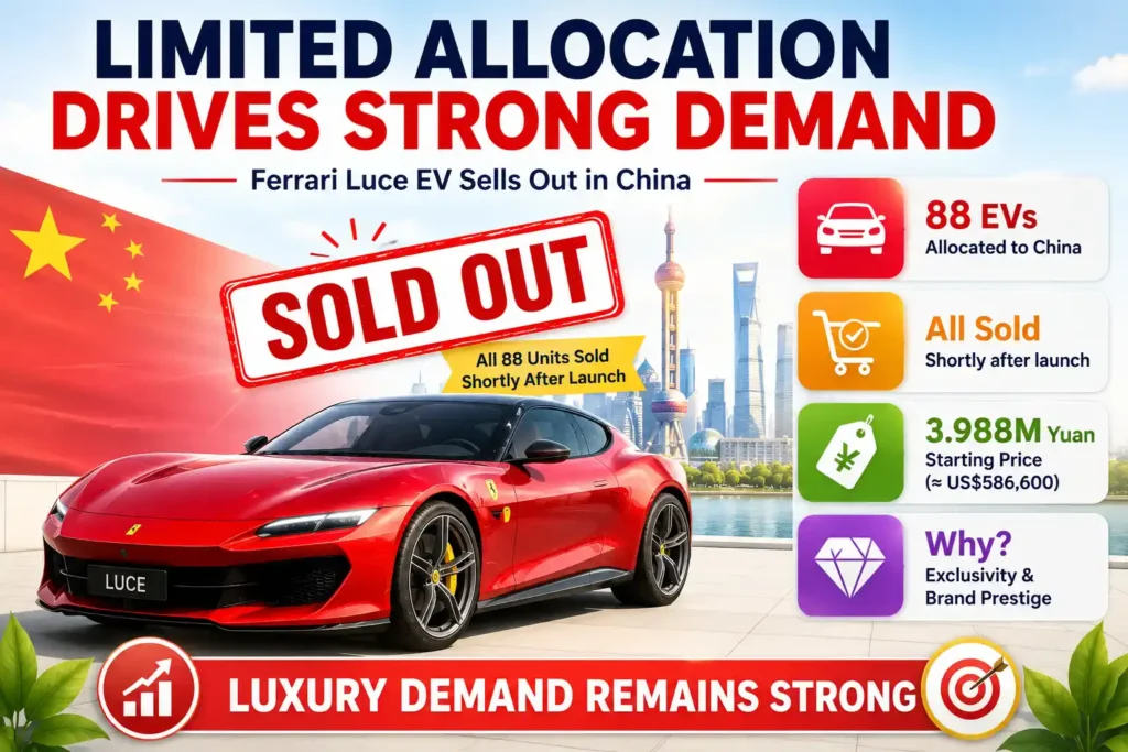 Infographic showing Ferrari's limited 88-unit Luce EV allocation selling out quickly in China.