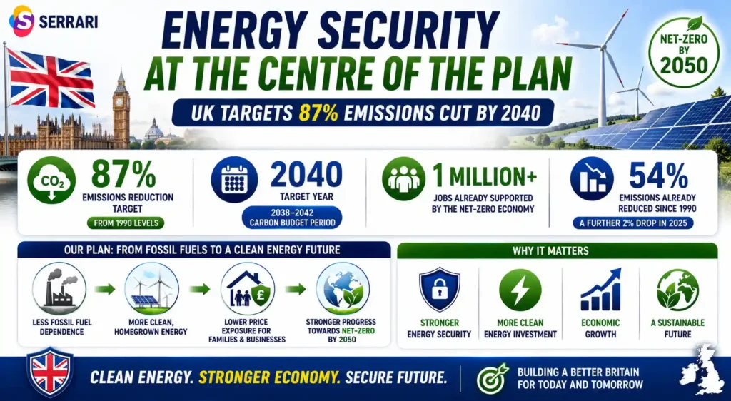 UK climate policy infographic highlighting an 87% emissions reduction target by 2040, over 1 million net-zero jobs, a 54% emissions decline since 1990, and plans to strengthen energy security through clean energy investment.