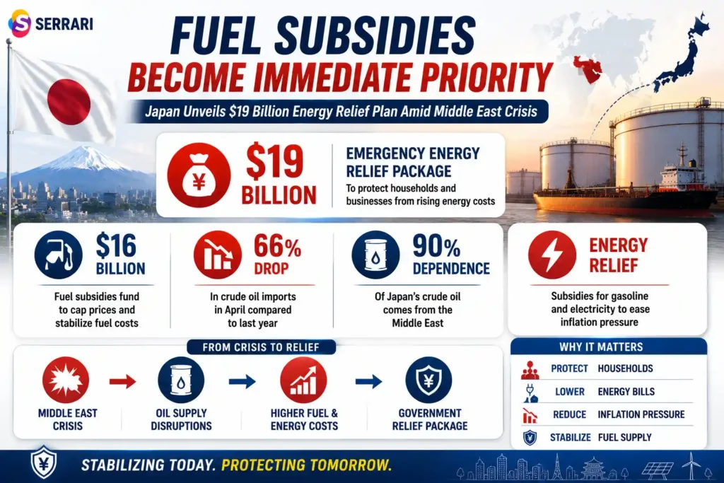 Fuel Subsidies Become Immediate Priority infographic showing Japan’s $19 billion energy relief package, including fuel subsidies, a 66% drop in crude oil imports, and 90% dependence on Middle East oil amid ongoing energy market disruptions.