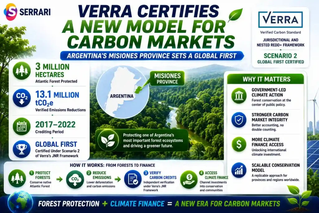 A New Model for Carbon Markets infographic showing Verra’s certification of Argentina’s Misiones forest carbon program, covering 3 million hectares, generating 13.1 million tCO₂e reductions, and pioneering a government-led carbon finance model. 