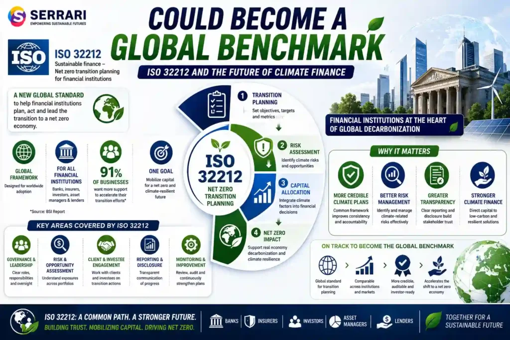 ISO 32212 infographic showing a new global framework for net-zero transition planning, climate risk management, and sustainable finance.