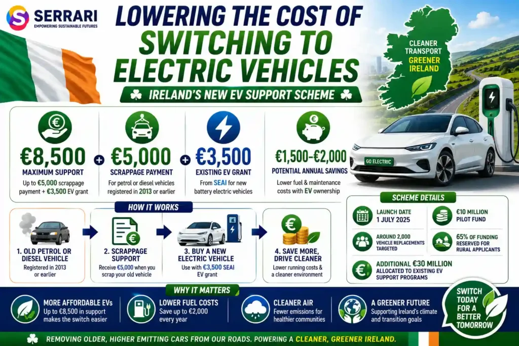 Ireland EV grant infographic showing up to €8,500 in support for drivers switching from older petrol and diesel vehicles to electric cars.