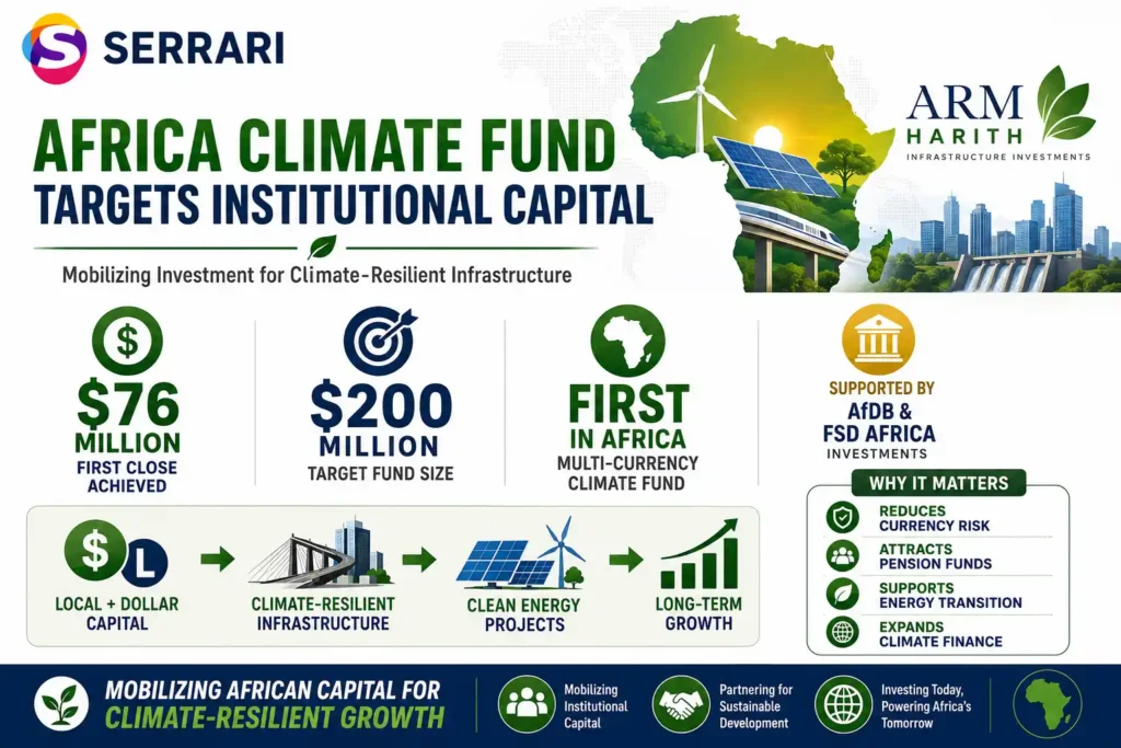 Africa Climate Fund infographic highlighting ARM-Harith’s $76 million first close, $200 million target, and investment in climate-resilient infrastructure and clean energy across Africa.