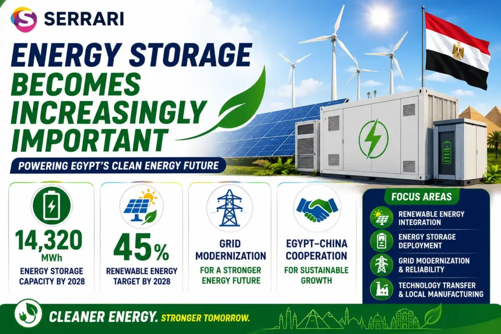 Energy Storage Becomes Increasingly Important infographic highlighting Egypt’s 14,320 MWh storage target, 45% renewable energy goal by 2028, and clean energy cooperation with China.
