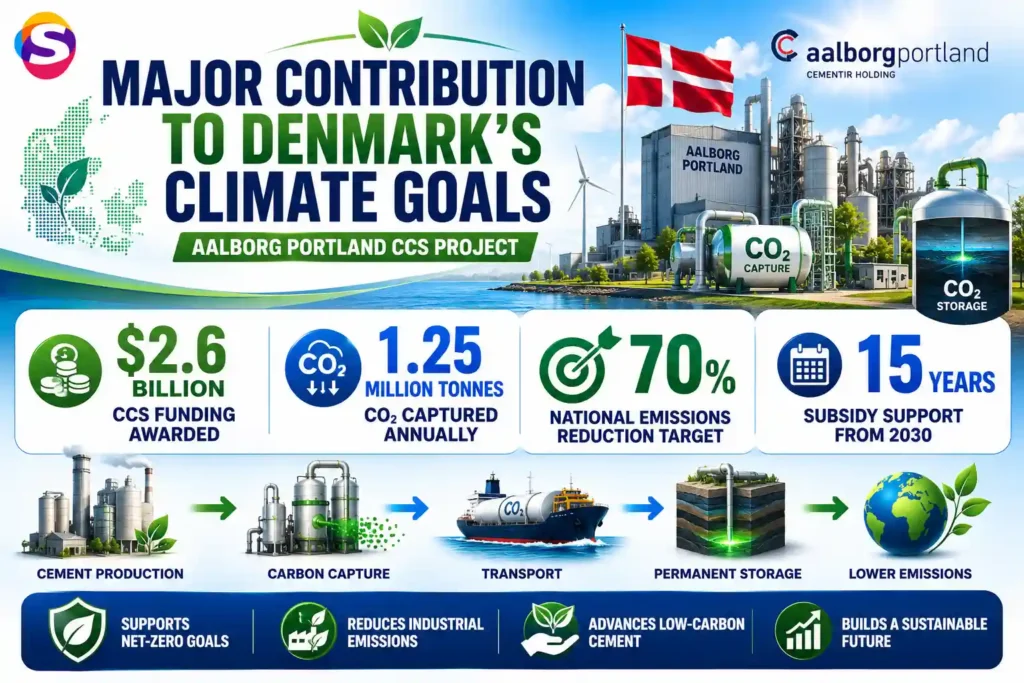 Denmark CCS infographic highlighting $2.6 billion in funding, 1.25 million tonnes of annual CO₂ capture, and support for national climate goals.