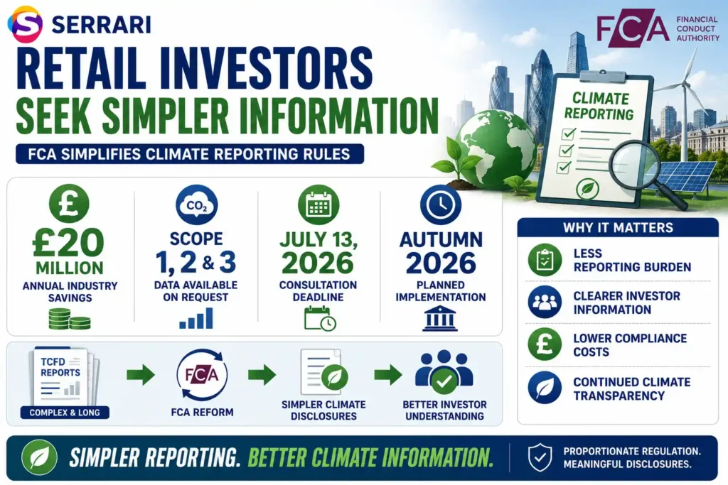 FCA climate reporting infographic highlighting £20 million in annual savings and simpler climate disclosures for investors.