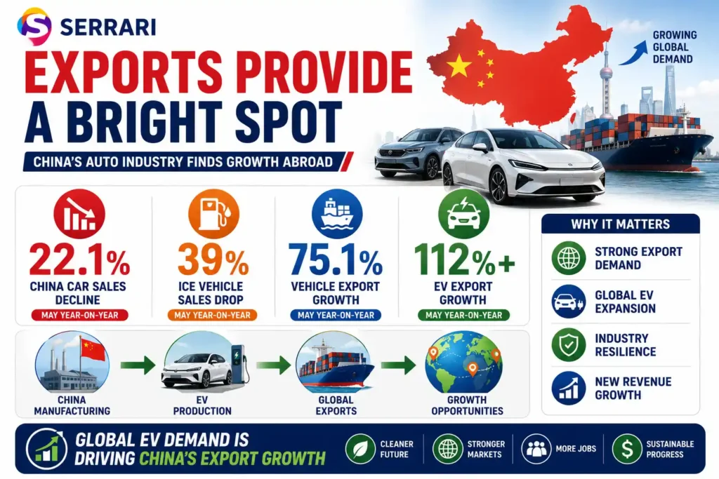 China auto market infographic highlighting a 22.1% sales decline, 75.1% export growth, and a 112% surge in EV exports.