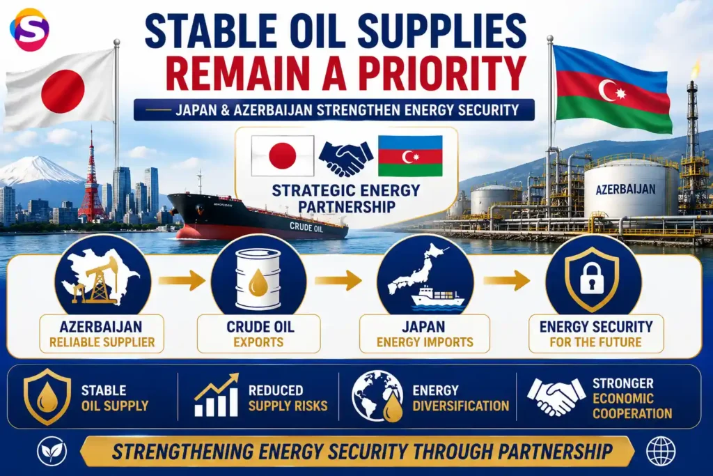 Japan and Azerbaijan energy cooperation infographic highlighting stable crude oil supplies, energy security, and stronger bilateral energy ties.