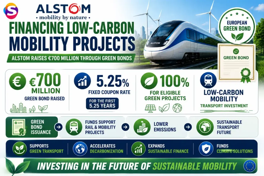 Alstom green bond infographic highlighting €700 million raised to finance low-carbon mobility and sustainable transportation projects.
