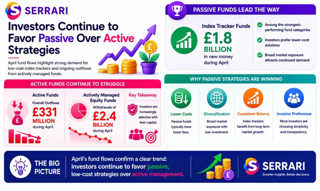 Comparison of passive and active investment fund performance in April, showing index tracker funds attracted £1.8 billion in inflows while actively managed funds recorded £331 million in outflows and actively managed equity funds experienced £2.4 billion in withdrawals. The infographic highlights investors’ growing preference for lower-cost passive investment strategies that offer broad market exposure, diversification, and transparent returns. 