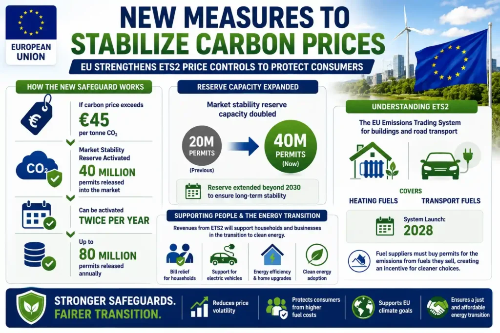 The EU introduces new measures to stabilize carbon prices under ETS2 and protect consumers from rising fuel costs.