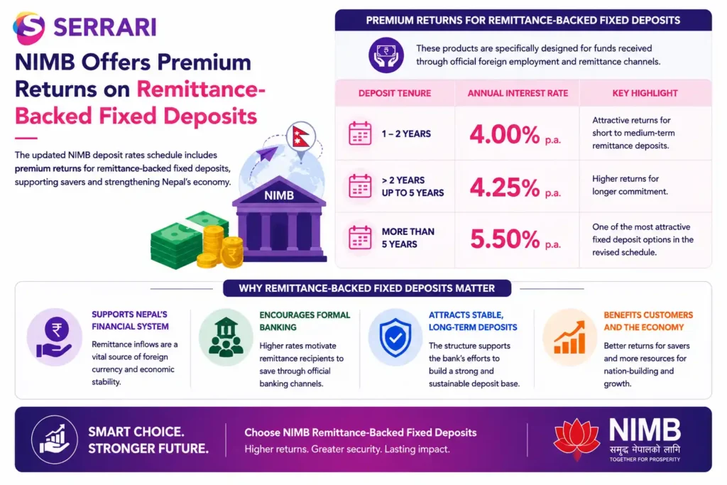 NIMB’s remittance-backed fixed deposit rates in Nepal, showing annual returns of 4.00% for 1–2 year deposits, 4.25% for deposits over 2 years up to 5 years, and 5.50% for deposits exceeding 5 years. The infographic explains how these products support remittance recipients, encourage formal banking participation, attract stable long-term deposits, and strengthen Nepal’s financial system through increased remittance inflows.
