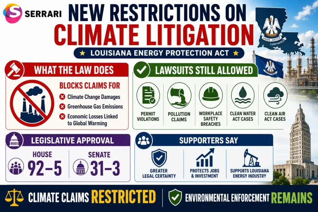 Infographic showing Louisiana’s new restrictions on climate litigation while preserving lawsuits for pollution, permit, and safety violations.