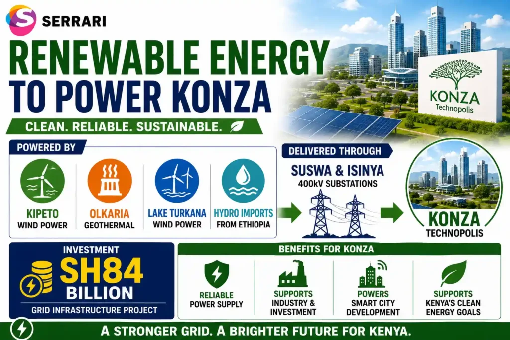 Konza Technopolis is powered by renewable energy from wind, geothermal, and hydropower sources through Kenya’s upgraded transmission network.