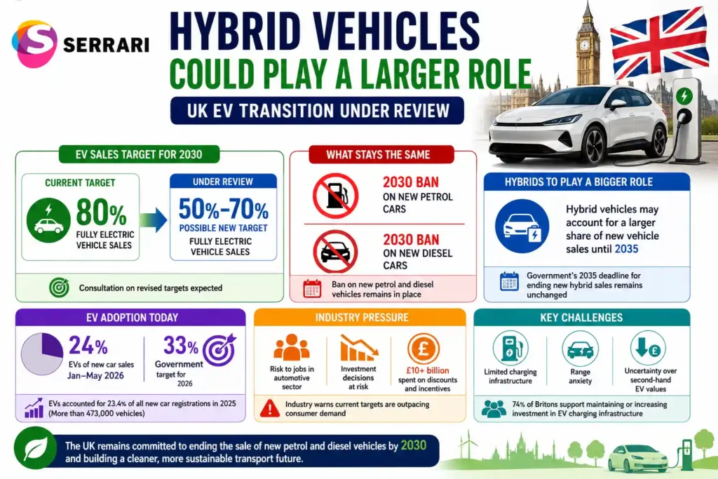 UK considers increasing the role of hybrid vehicles as officials review electric vehicle sales targets ahead of the 2030 petrol and diesel car ban.