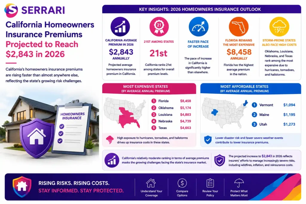 Examining rising homeowners insurance costs in California, showing projected average annual premiums of $2,843 in 2026 and ranking the state 21st nationally by premium levels. The infographic compares California with higher-cost states such as Florida, Oklahoma, Louisiana, Nebraska, and Texas, as well as lower-cost states including Vermont, Maine, and Utah. It also highlights how increasingly severe risks and natural disasters are driving faster premium increases and creating growing challenges for California’s insurance market.