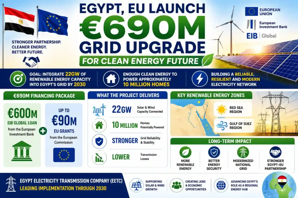Infographic showing Egypt and EU investment of €690 million to connect 22GW of renewable energy and modernize Egypt’s electricity grid by 2030.