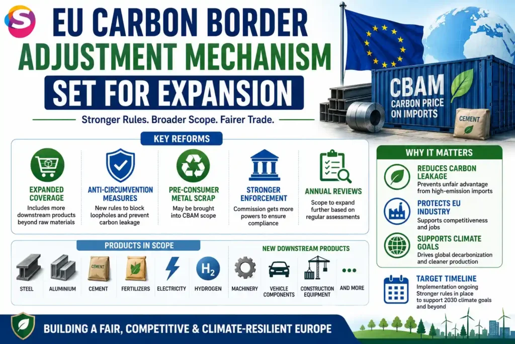 Infographic showing the EU’s planned CBAM expansion, adding more products, strengthening enforcement, and reducing carbon leakage risks.
