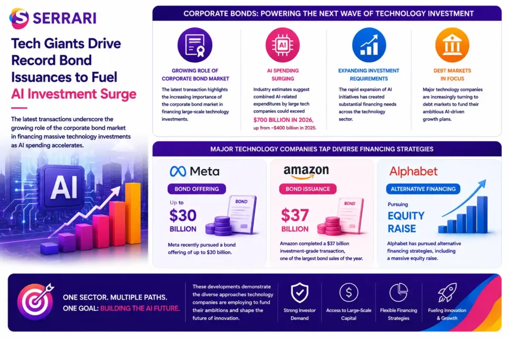 The growing role of corporate bond markets in financing artificial intelligence investments. The infographic highlights projections that AI-related spending by major technology companies could exceed $700 billion in 2026, up from about $400 billion in 2025. It also compares the financing strategies of leading firms, showing Meta’s planned bond offering of up to $30 billion, Amazon’s $37 billion investment-grade bond sale, and Alphabet’s use of alternative funding methods including a large equity raise, demonstrating how technology companies are using diverse approaches to support their expanding AI ambitions.