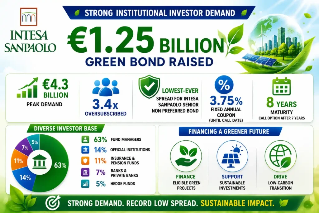 Intesa Sanpaolo raises €1.25 billion through a green bond, attracting strong investor demand and supporting sustainable finance projects.