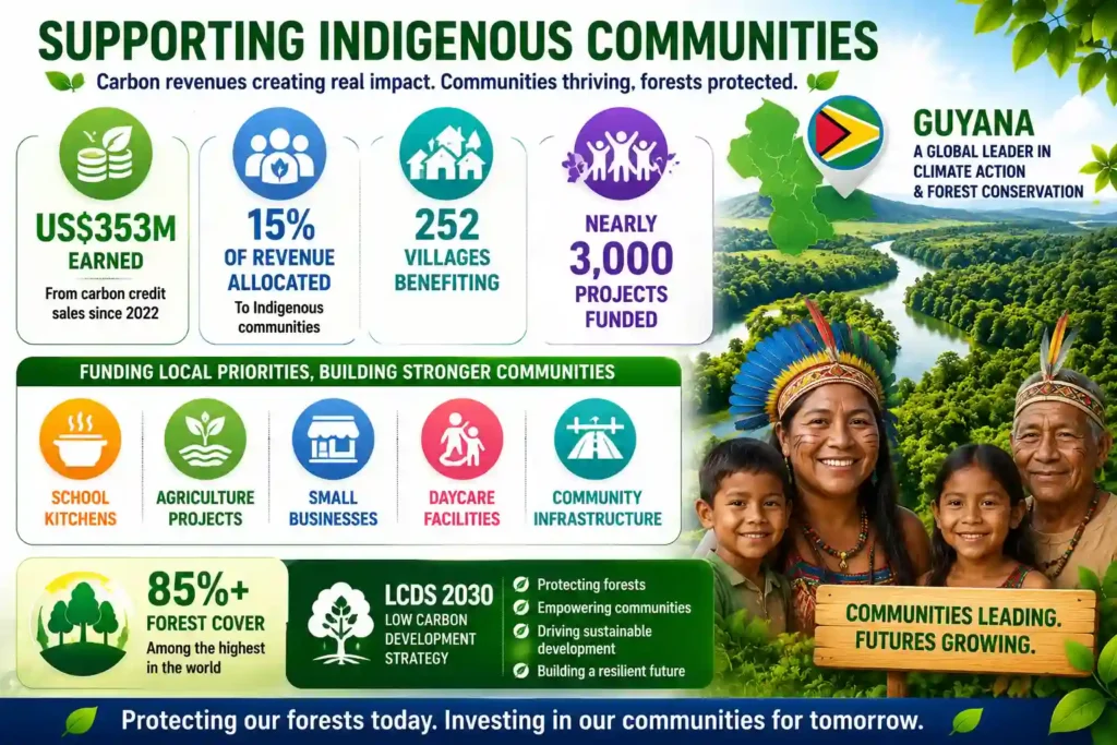 Indigenous communities in Guyana benefit from carbon credit revenues through thousands of local development projects.