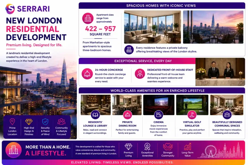 A premium residential development in London, featuring apartments ranging from 422 to 957 square feet with private balconies overlooking the London skyline. The infographic highlights luxury amenities including a 24-hour concierge service, dedicated front-of-house staff, a residents’ lounge and library, private dining facilities, a cinema, and a virtual golf simulator. It illustrates how modern high-end developments are evolving beyond traditional housing by emphasizing convenience, leisure, community, and lifestyle-focused living.
