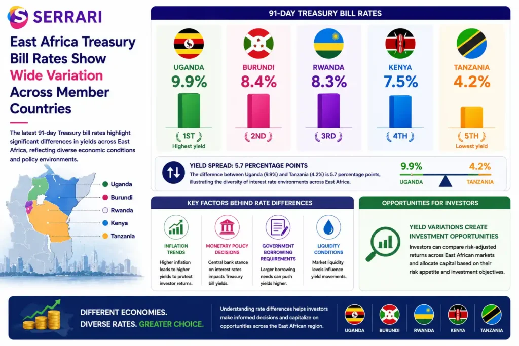 Comparing 91-day Treasury bill rates across East Africa, showing Uganda with the highest yield at 9.9%, followed by Burundi at 8.4%, Rwanda at 8.3%, Kenya at 7.5%, and Tanzania with the lowest rate at 4.2%. The infographic highlights the 5.7 percentage point gap between Uganda and Tanzania and explains how inflation trends, monetary policy decisions, government borrowing requirements, and liquidity conditions influence interest rate differences. It also illustrates how varying yields create opportunities for investors to evaluate risk-adjusted returns across regional markets.