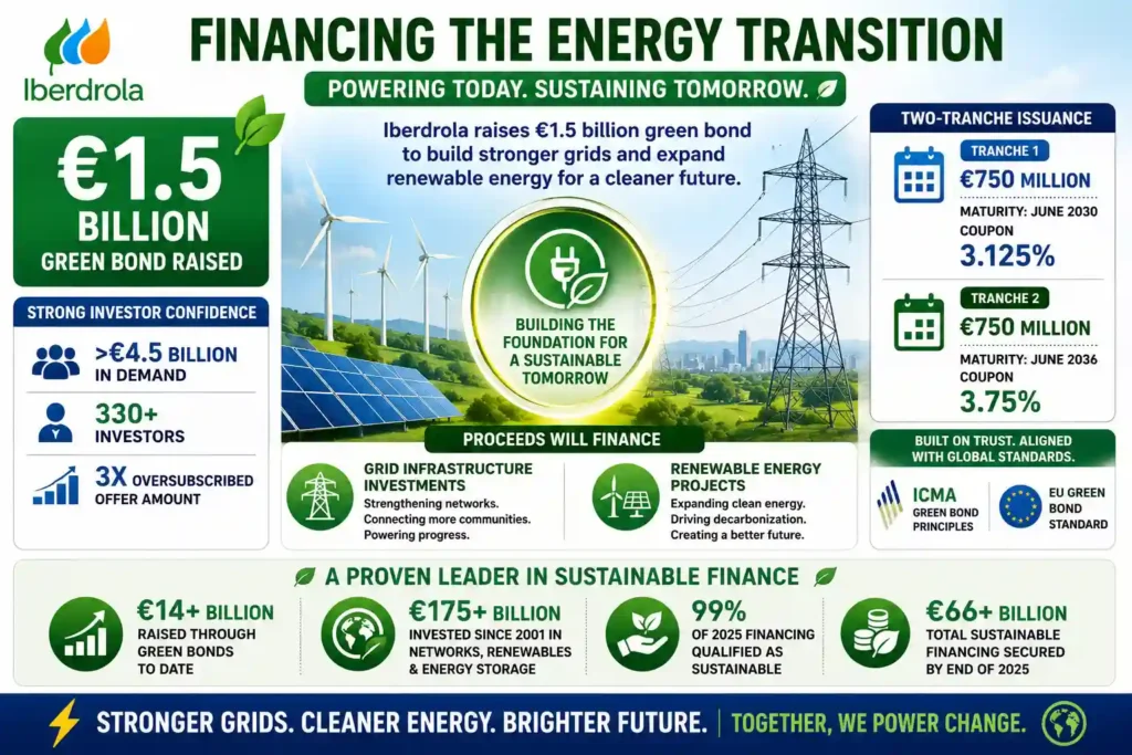 Iberdrola raises €1.5 billion through a green bond issuance to finance grid infrastructure expansion and renewable energy projects, supported by strong investor demand.
