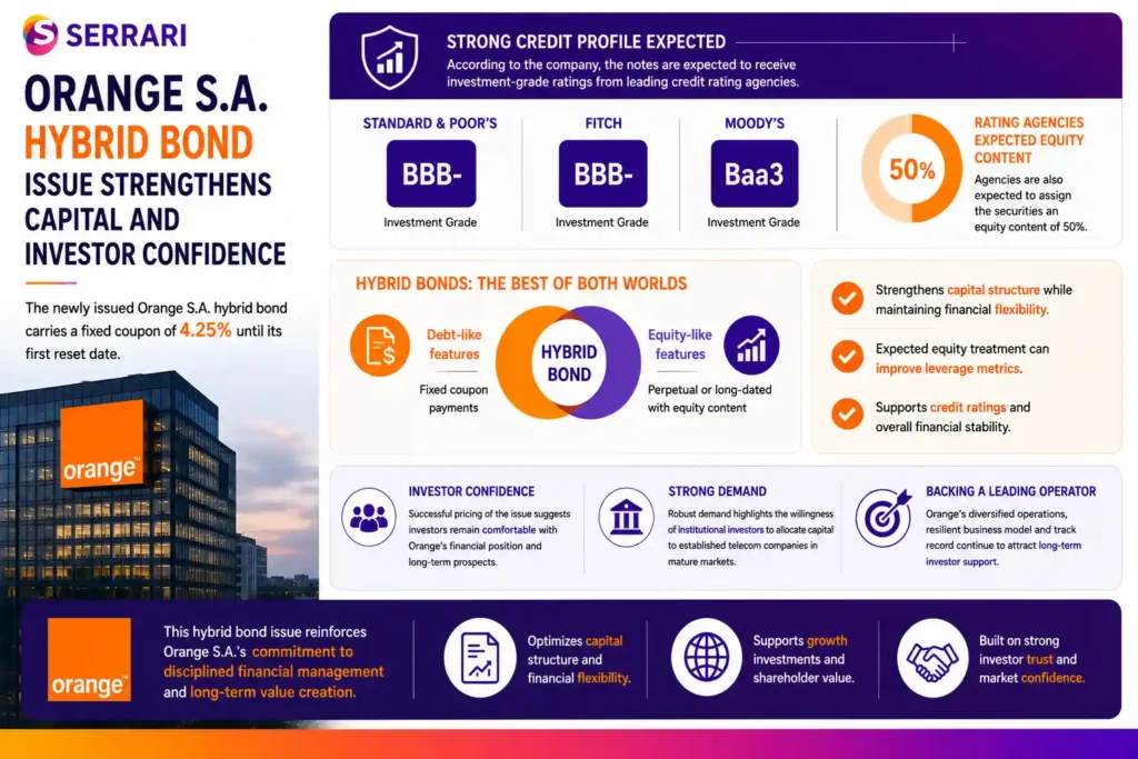 Orange S.A.’s new hybrid bond issuance and its role in strengthening the company’s capital structure. The infographic shows that the bond carries a fixed coupon rate of 4.25% until its first reset date and is expected to receive investment-grade ratings of BBB- from Standard & Poor’s and Fitch and Baa3 from Moody’s. It explains that rating agencies are expected to assign the securities 50% equity content, illustrating how hybrid bonds combine debt and equity characteristics to improve leverage metrics, support credit ratings, and maintain financial flexibility. The infographic also emphasizes strong investor demand and confidence in Orange’s long-term prospects, underscoring the appeal of established telecommunications companies to institutional investors.
