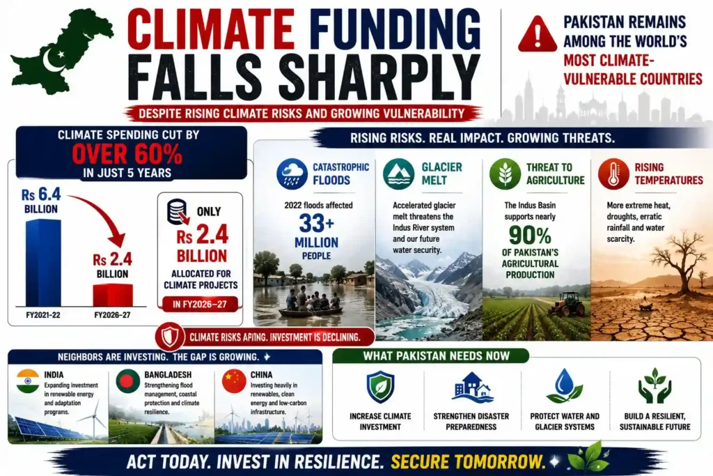 Pakistan cuts climate spending despite rising climate risks and flood vulnerability.