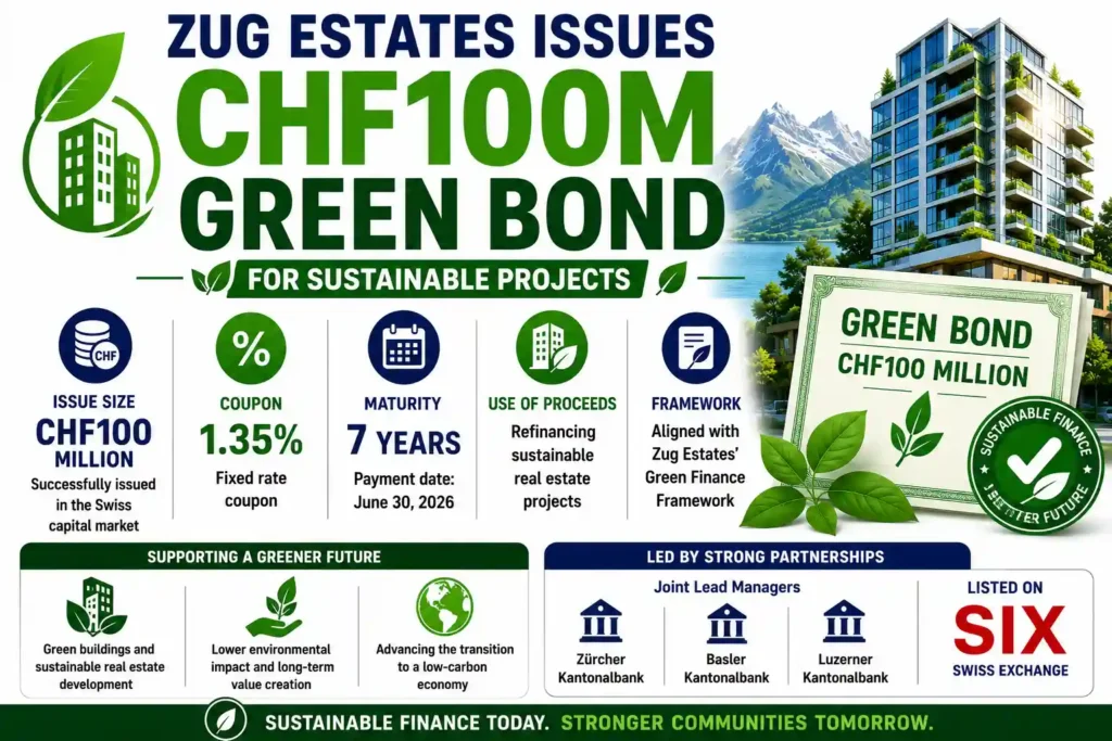 Bright infographic showing Zug Estates’ CHF100 million green bond supporting sustainable real estate projects in Switzerland